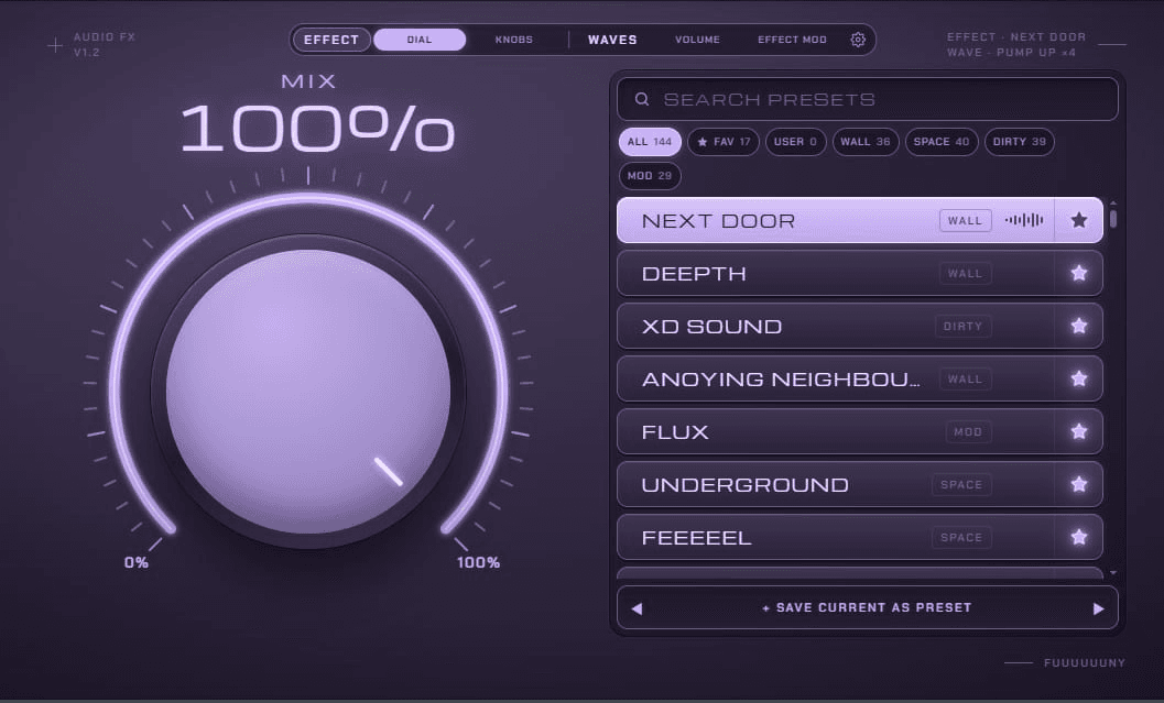 Интерфейс плагина FUUUUUUNY: регулятор Mix и список пресетов